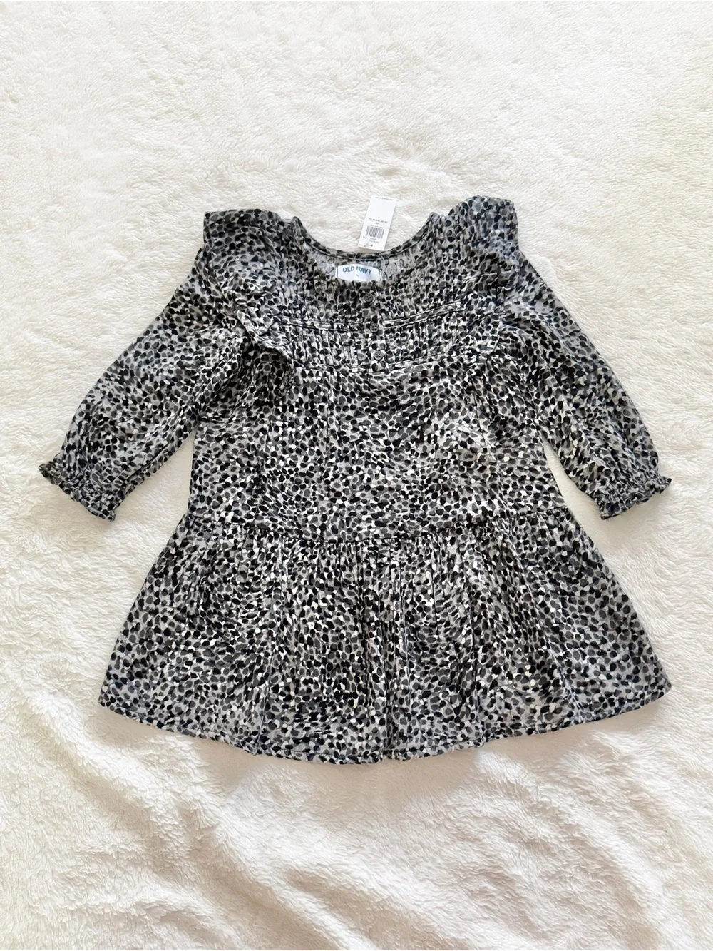 Old Navy Long Sleeve Printed Ruffle Trim Button Front Dress Gray Black Size 3T
